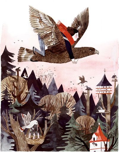 Wildwood illustration: A child riding a great eagle over a forest of pointed trees and towers