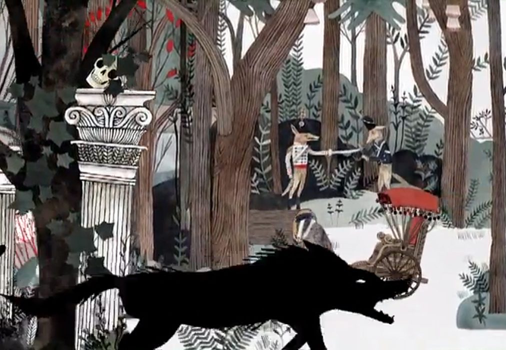 Wildwood illustration: Animals in uniforms meeting in the woods as a black wolf races past